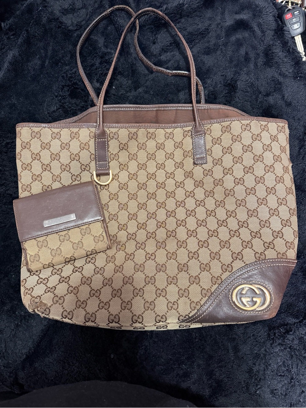 Gucci Brown GG Canvas Tote with Dark Brown Leather Trim - Gucci Wallet Included